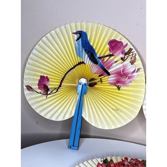 Vintage 1949-1960 PRC Set of 3 Paper Hand Fans Folding Bird Flowers Metal Handle - Picture 2 of 10